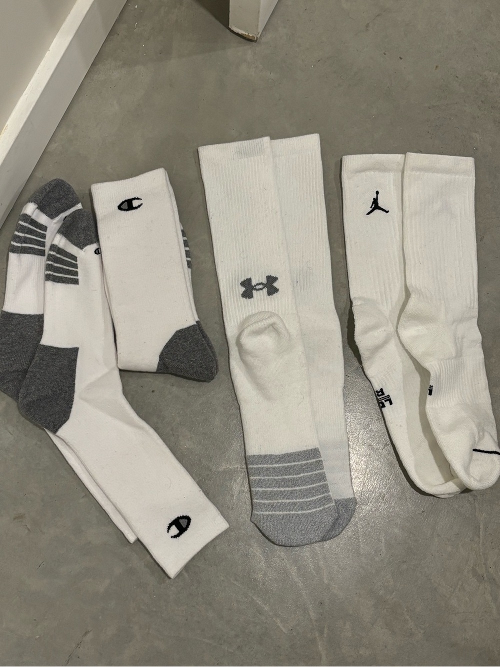 Assorted Men’s Athletic Crew Socks – White (Champion, Under Armour, Jordan)